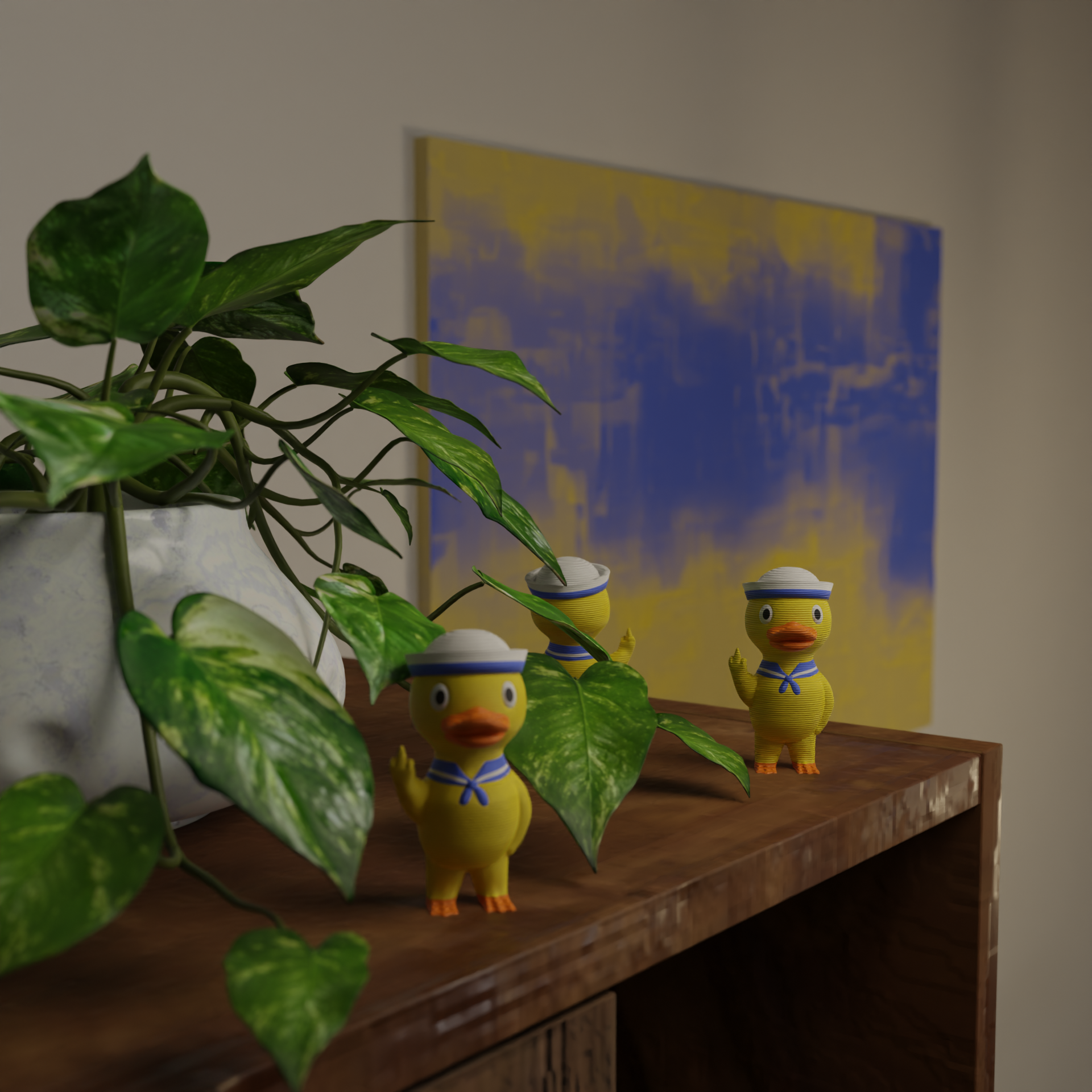 Small sailor duck figurine next to a plant, funny nautical miniature animal decoration and unique sailor duck gift for home decor with greenery