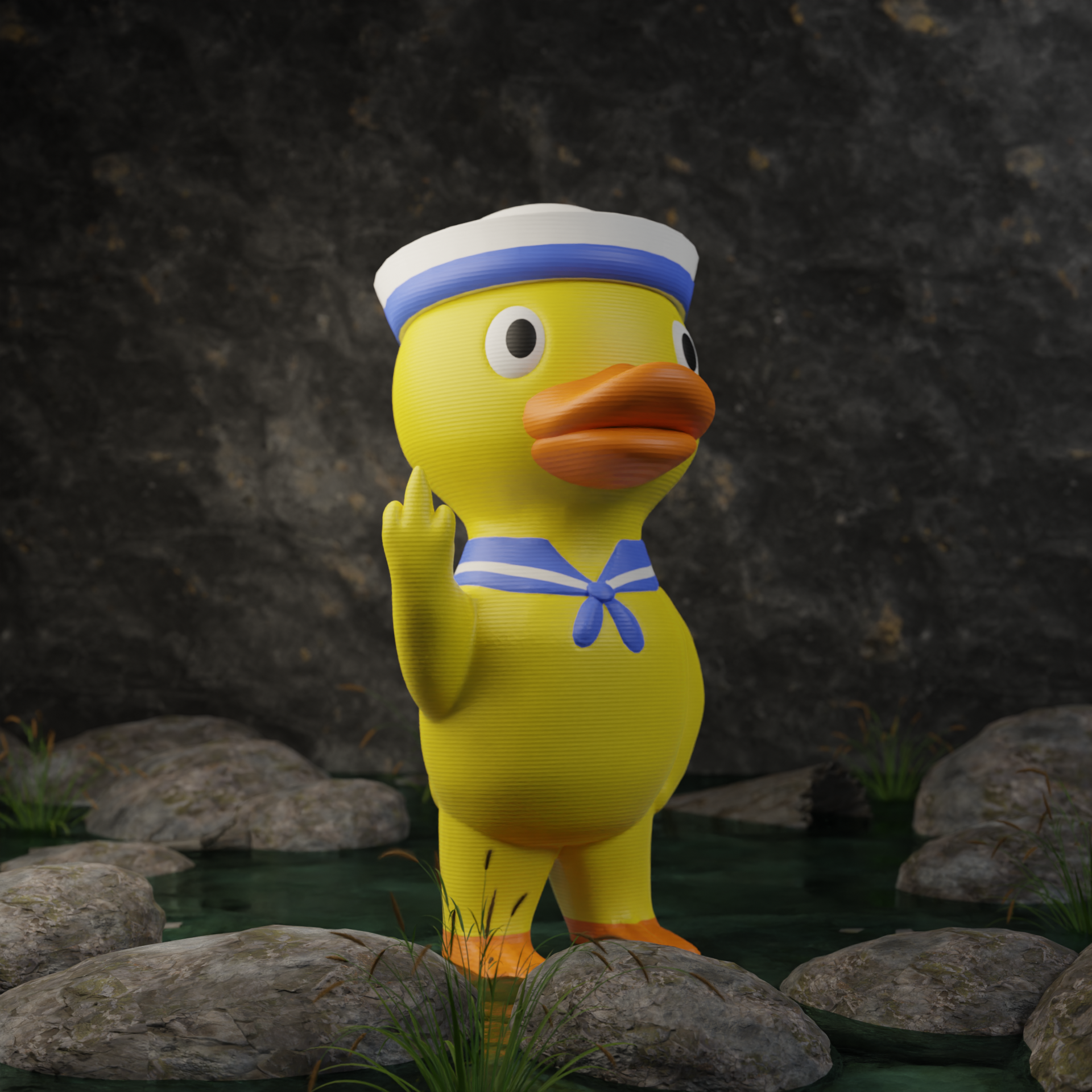 Small sailor duck figurine in a garden, nautical miniature animal decoration and funny sailor duck gift for outdoor or balcony decor