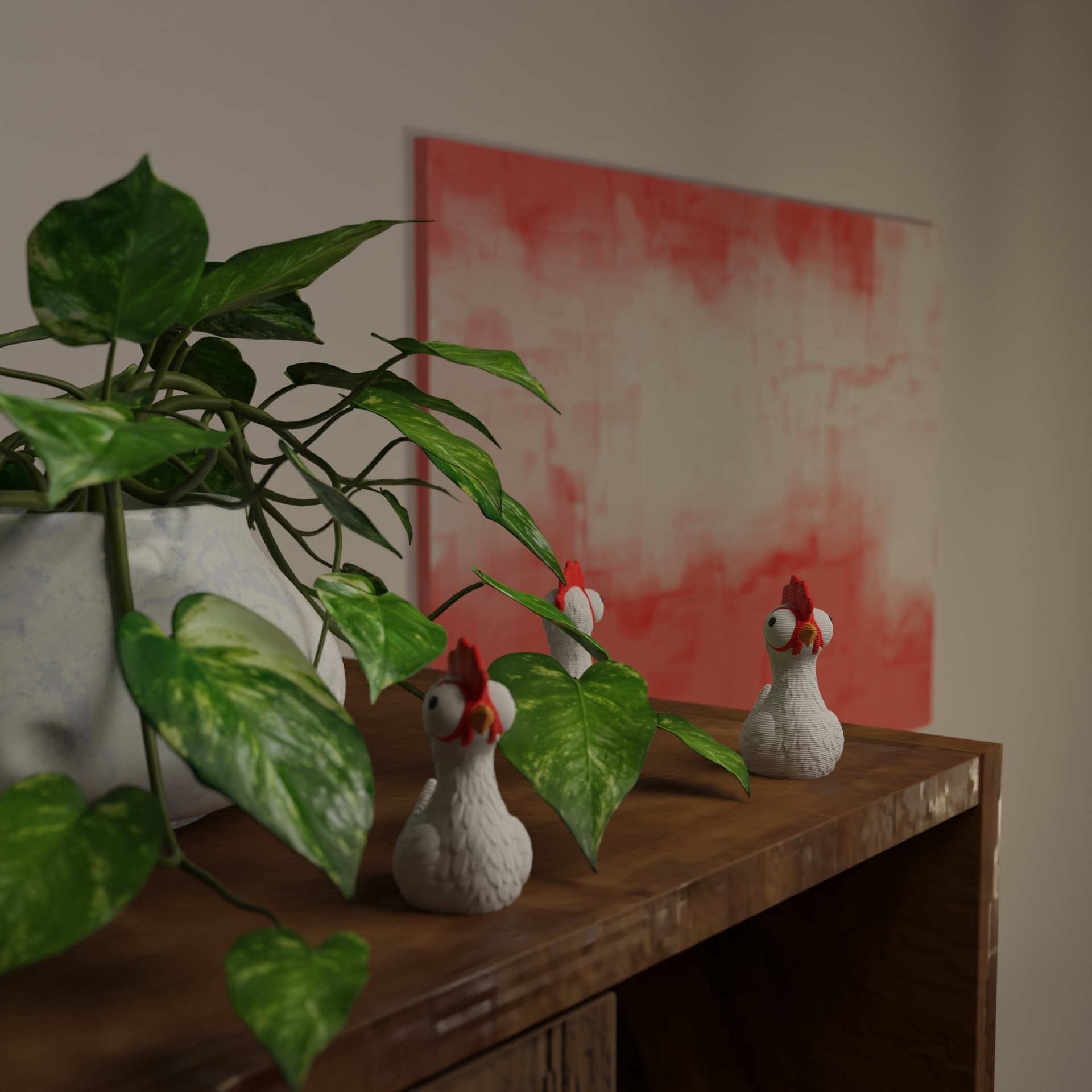 Small sitting chicken figurine next to a plant, funny miniature farm animal decoration and unique chicken gift for home decor with greenery