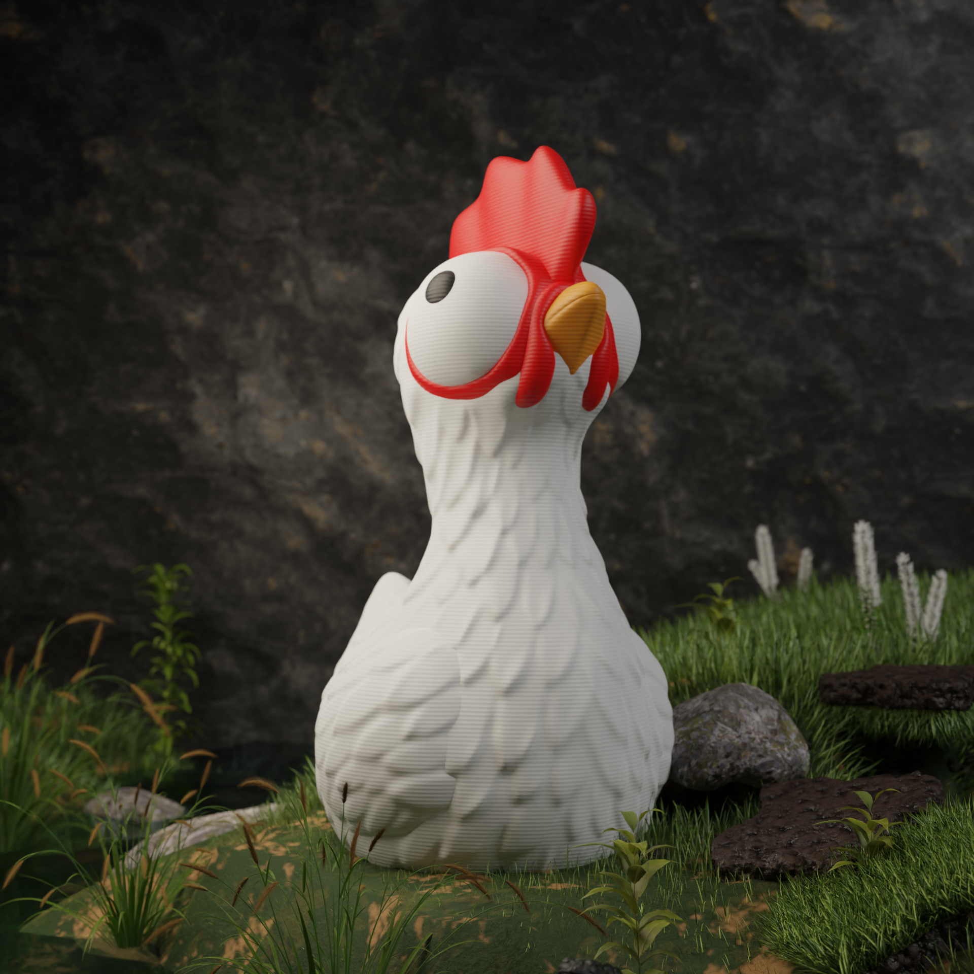 Small sitting chicken figurine in a garden, miniature farm animal decoration and funny chicken gift for outdoor or balcony decor