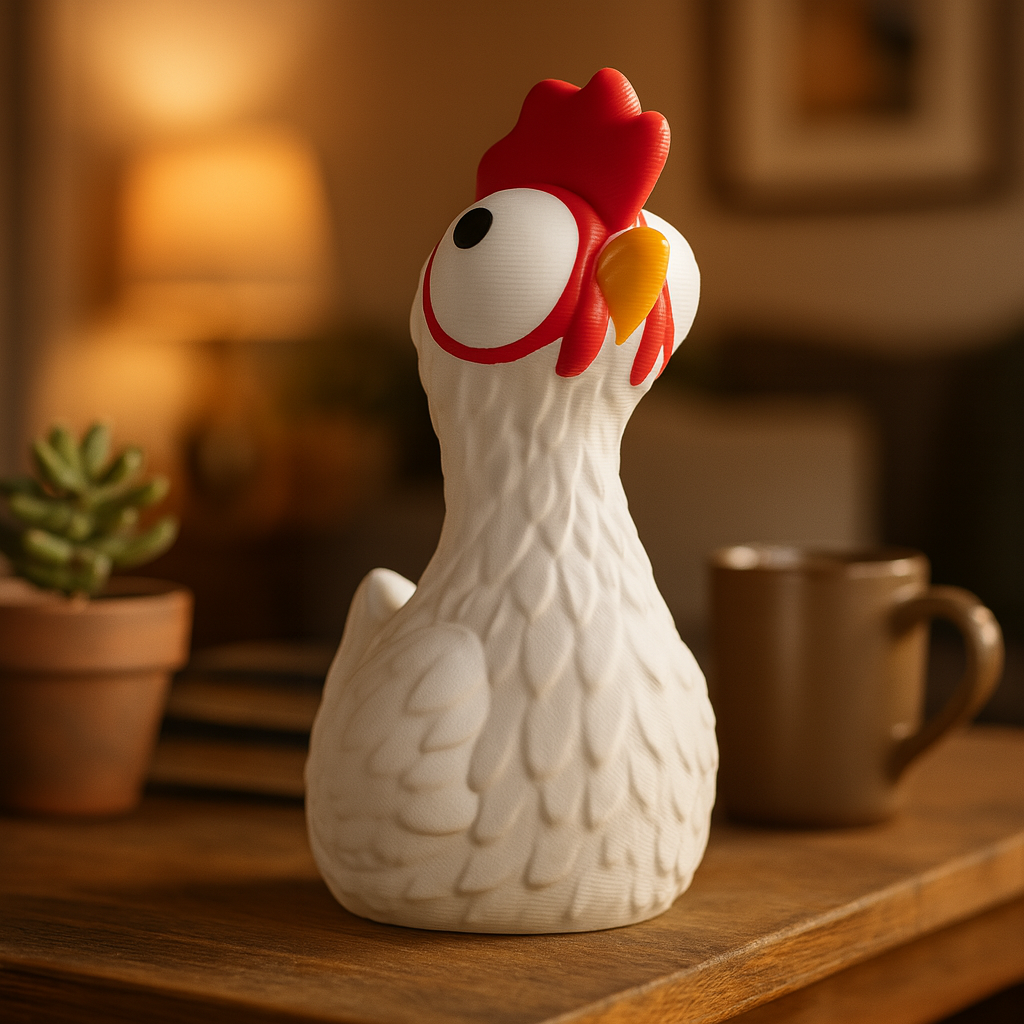 Small sitting chicken figurine on a desk, funny miniature farm animal decoration and unique chicken gift for office or home workspace