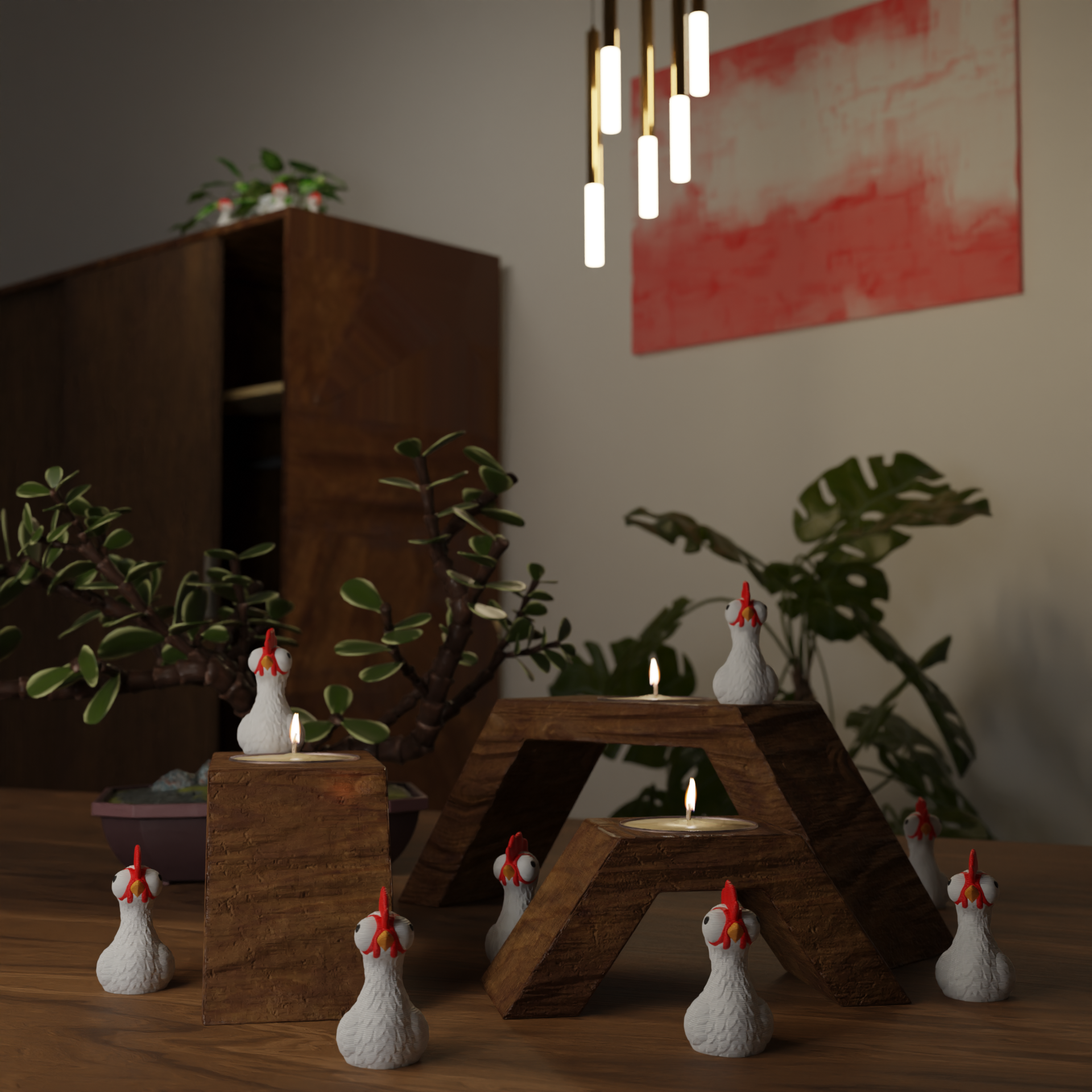 Small sitting chicken figurine displayed on a shelf, cute miniature farm animal decoration and funny chicken gift for home interior display