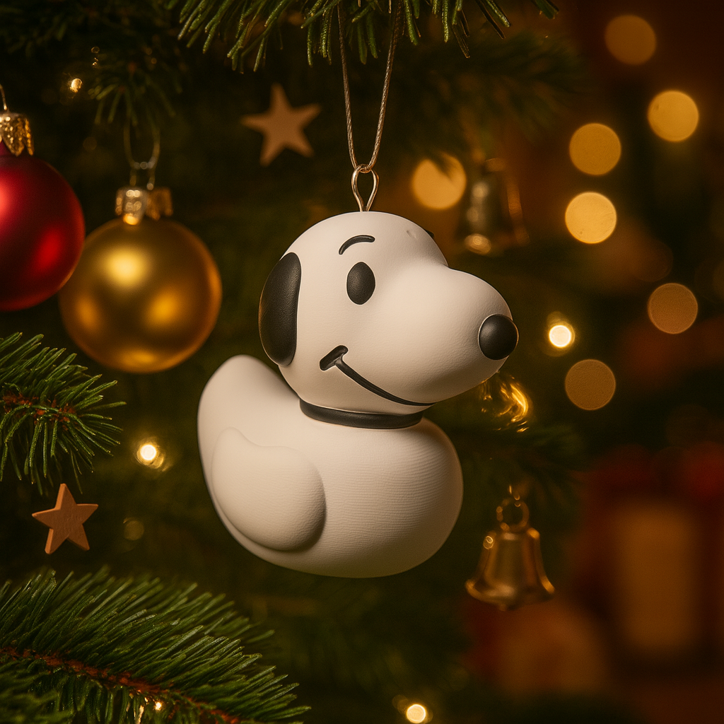 Funny Snoopy Duck ornament hanging in a Christmas tree, cute miniature animal decoration and unique duck gift for festive holiday decor