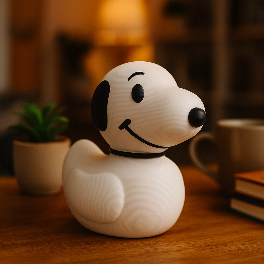 Small Snoopy Duck figurine on a desk, funny miniature animal decoration and unique duck gift for office or home workspace