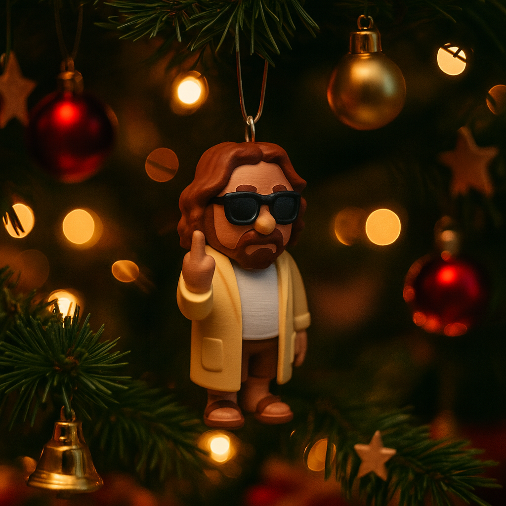 Funny The Dude ornament hanging in a Christmas tree, miniature character decoration and unique cult movie gift for festive holiday decor