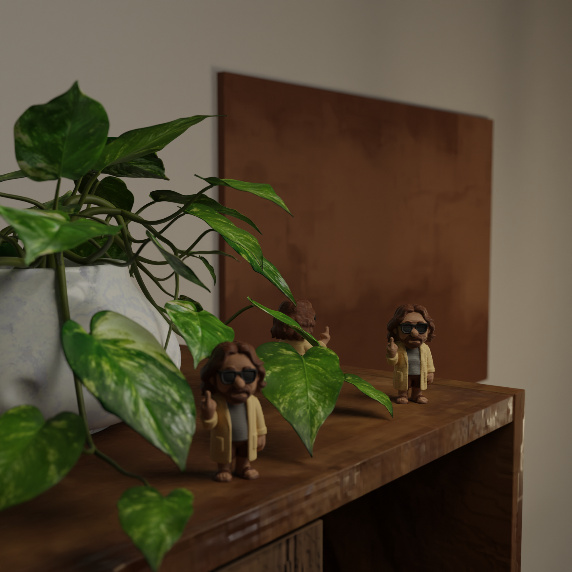 Small The Dude figurine next to a plant, funny miniature decoration and collectible gift for cult movie fans and home decor with greenery