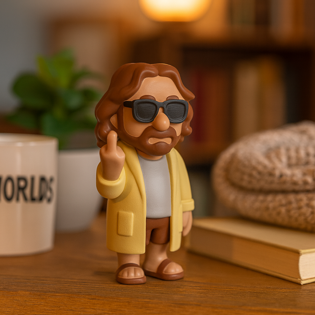 Small The Dude figurine placed next to a computer, funny miniature decoration and geeky movie gift for office desk or workspace