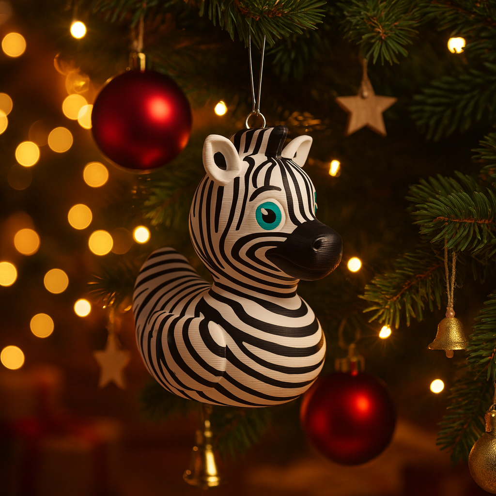 Funny Zebra Duck ornament hanging in a Christmas tree, cute miniature animal decoration and unique duck gift for festive holiday decor