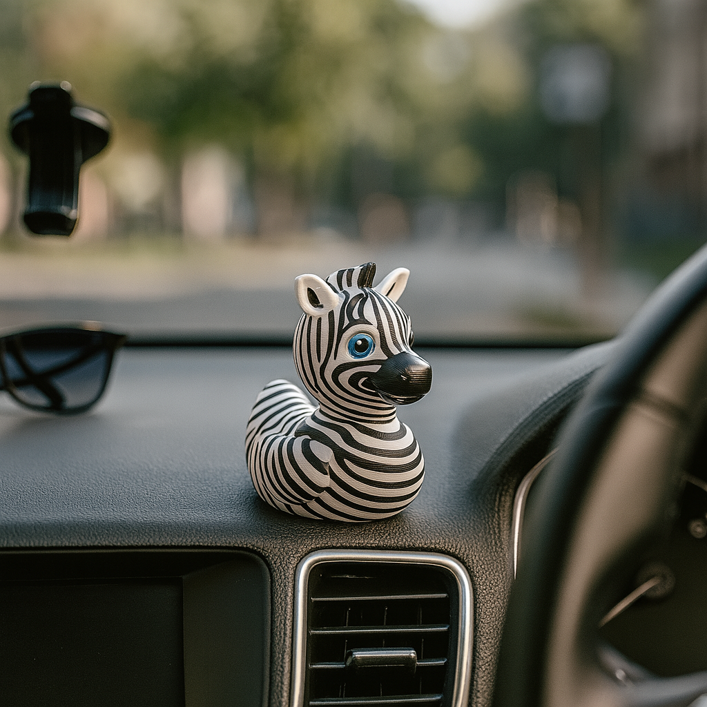 Funny Zebra Duck figurine for car dashboard, cute miniature decoration and unique duck gift for car or vehicle interior