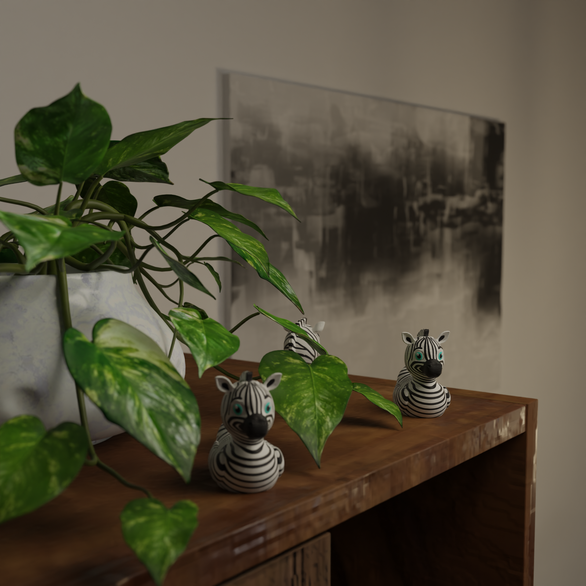 Small Zebra Duck figurine next to a plant, funny miniature animal decoration and unique Zebra Duck gift for home decor with greenery