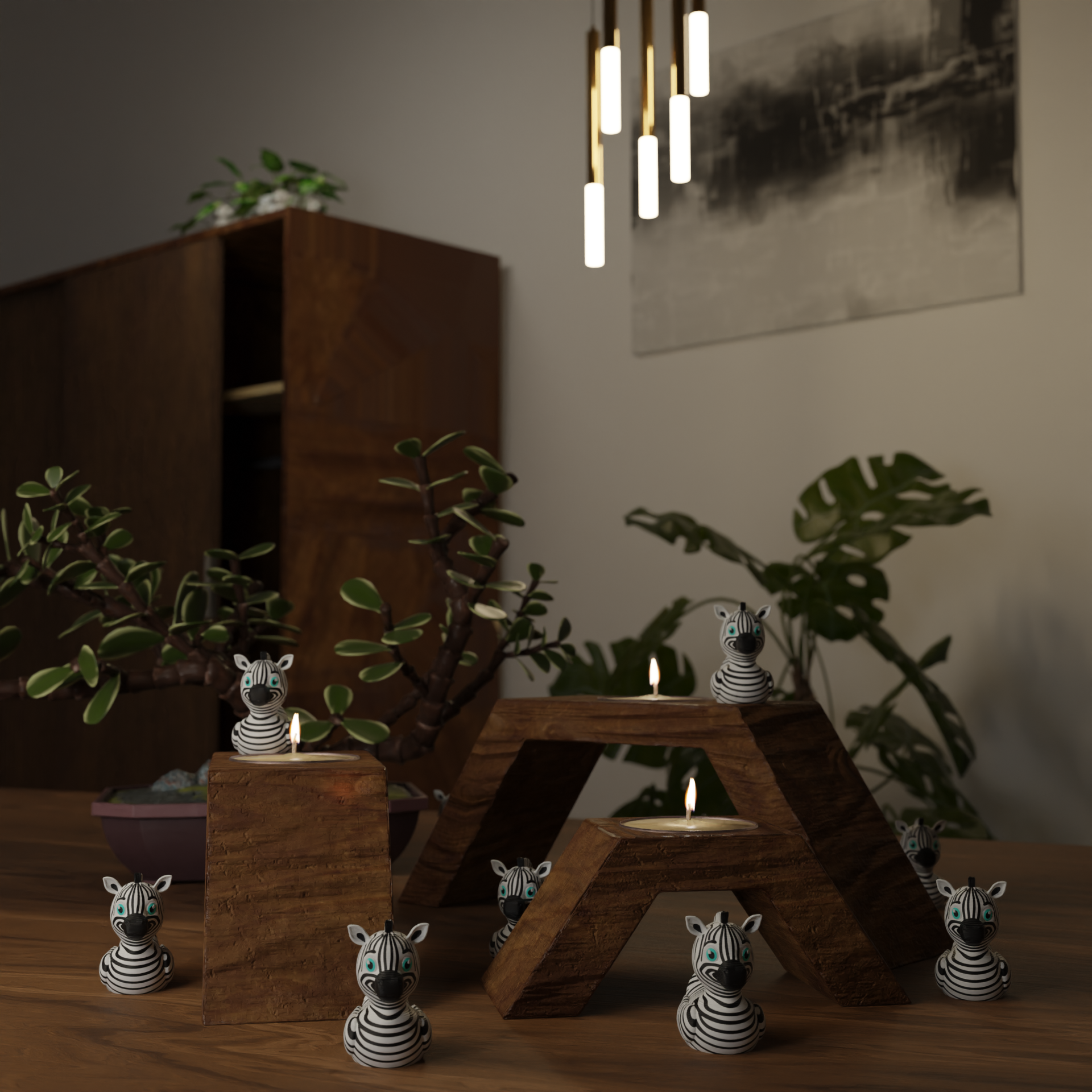 Small Zebra Duck figurine on a coffee table, cute miniature animal decoration and funny Zebra Duck gift for living room or lounge decor