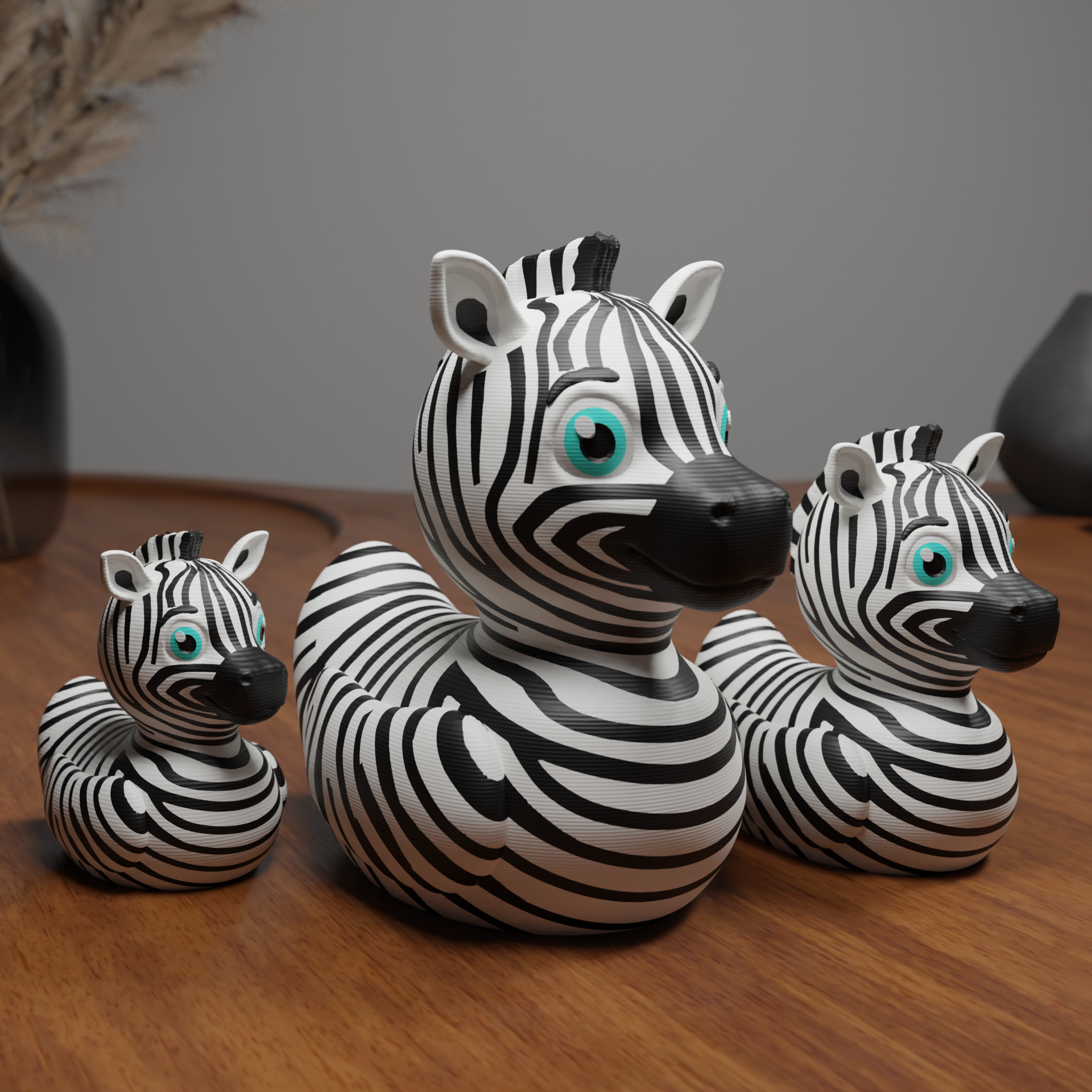 Small Zebra Duck figurine on a desk, funny miniature animal decoration and unique duck gift for office or home workspace