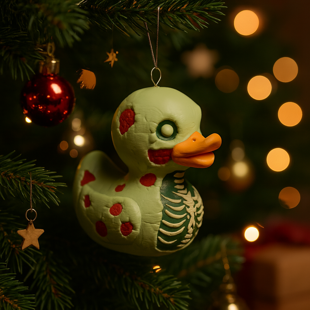 Funny Zombie Duck ornament hanging in a Christmas tree, spooky miniature decoration and unique duck gift for festive holiday decor