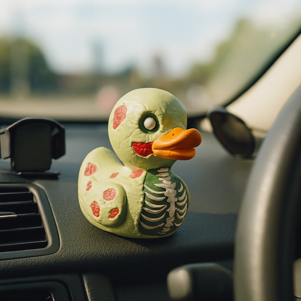 Funny Zombie Duck figurine for car dashboard, spooky miniature decoration and unique duck gift for car or vehicle interior