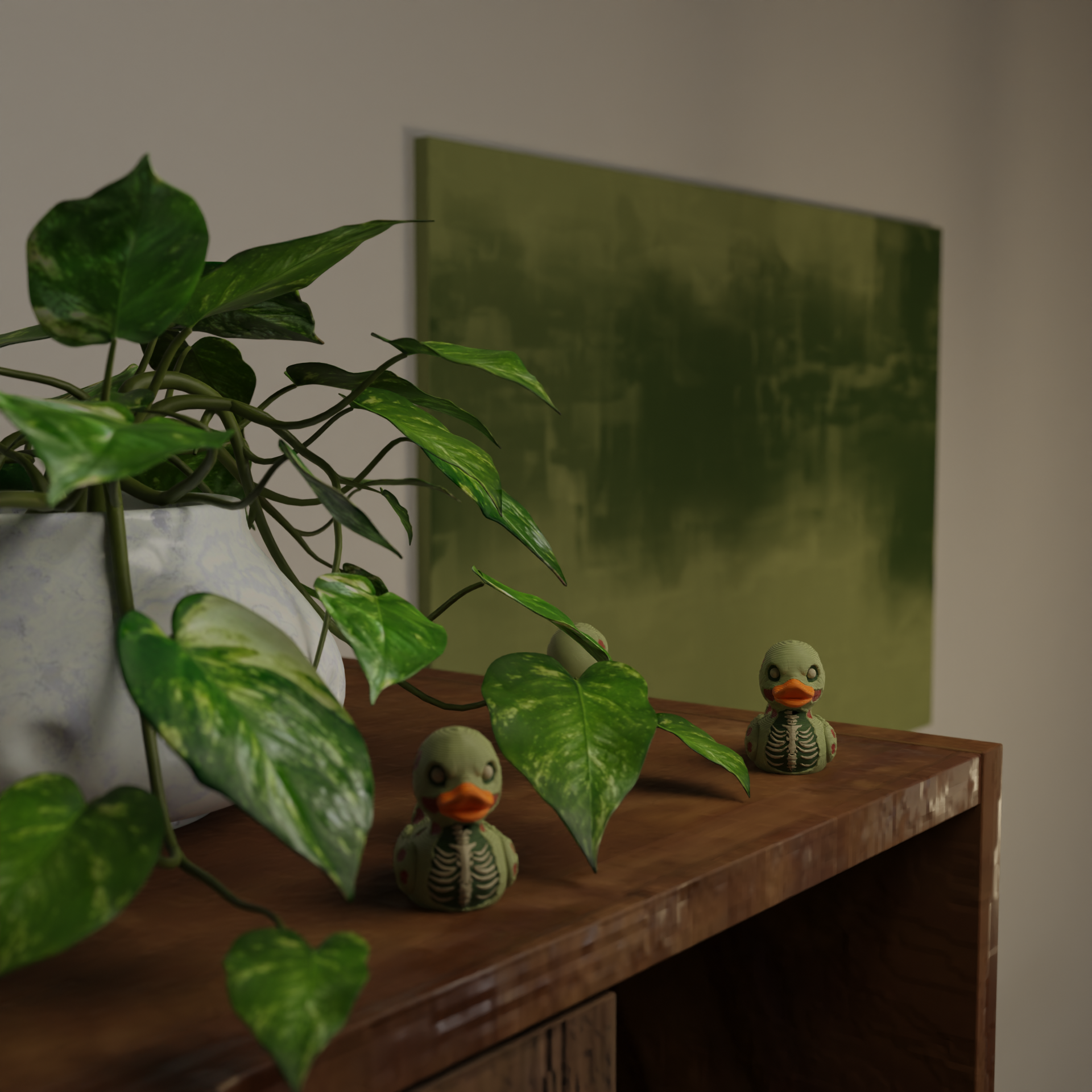 Small Zombie Duck figurine next to a plant, funny spooky miniature decoration and unique duck gift for home decor with greenery