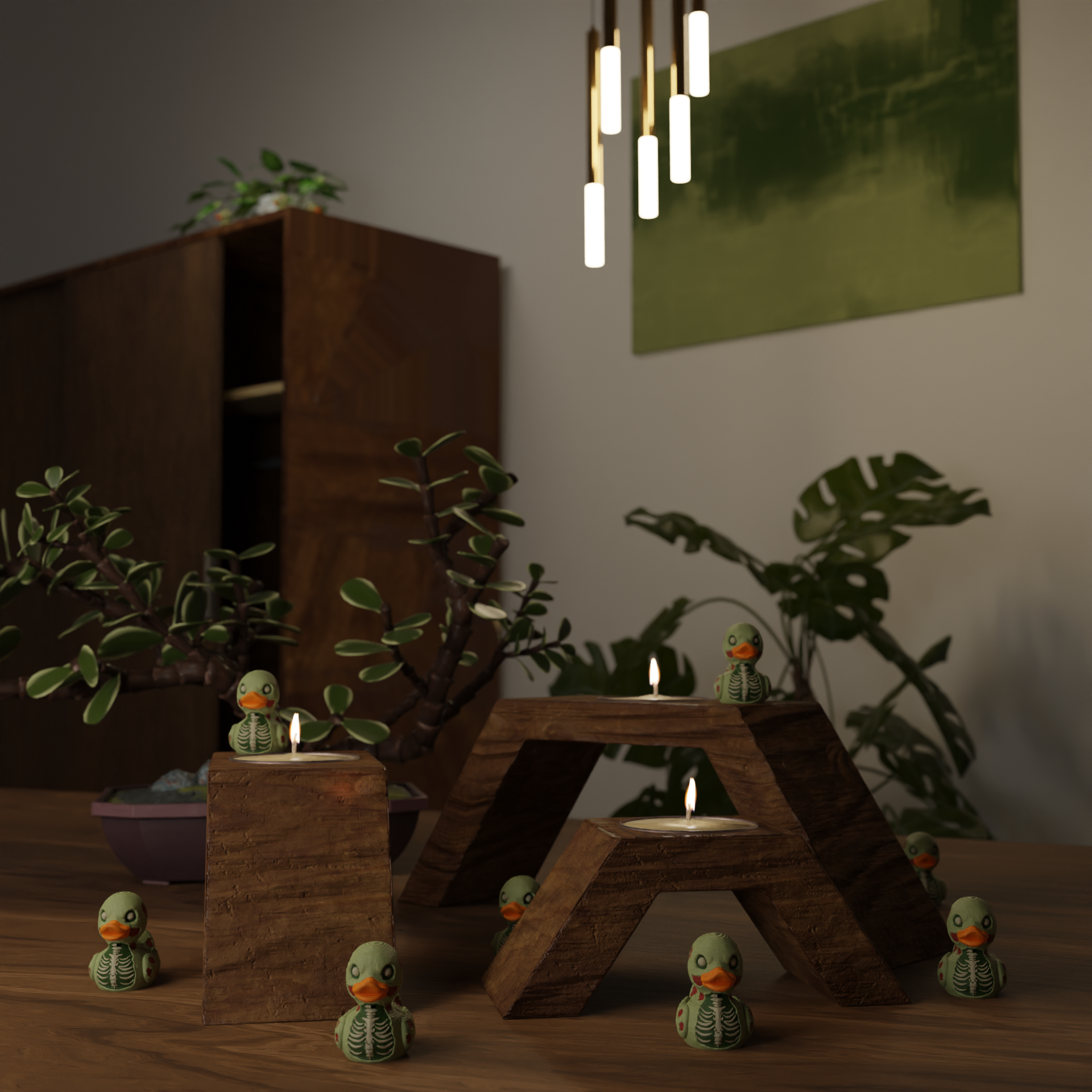 Small Zombie Duck figurine displayed on a closet, spooky miniature decoration and quirky duck gift for stylish home interior