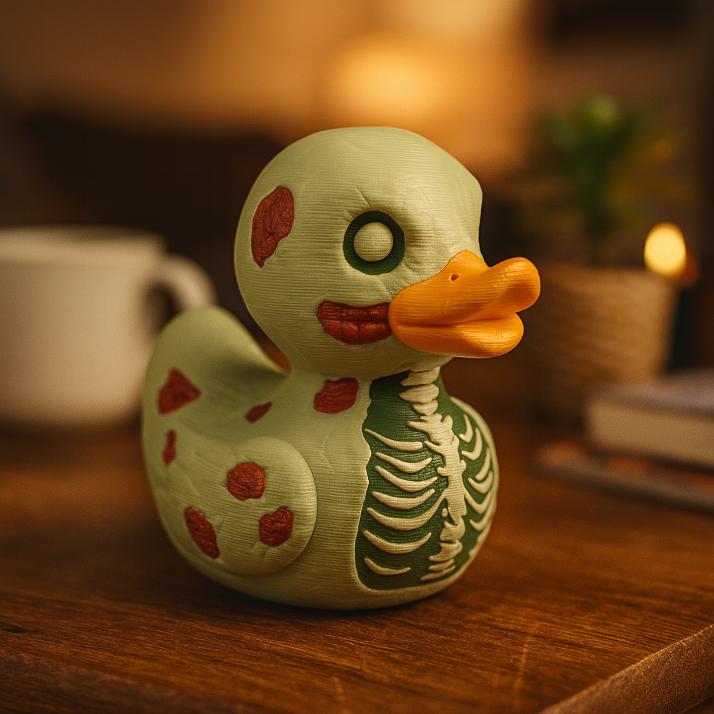 Small Zombie Duck figurine on a desk, funny spooky miniature decoration and unique duck gift for office or home workspace