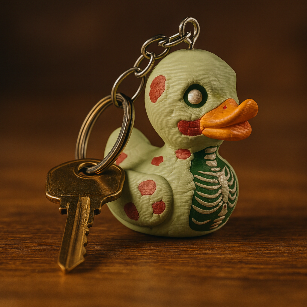 Small Zombie Duck keychain, funny spooky miniature accessory and unique duck gift for keys, bags or backpacks