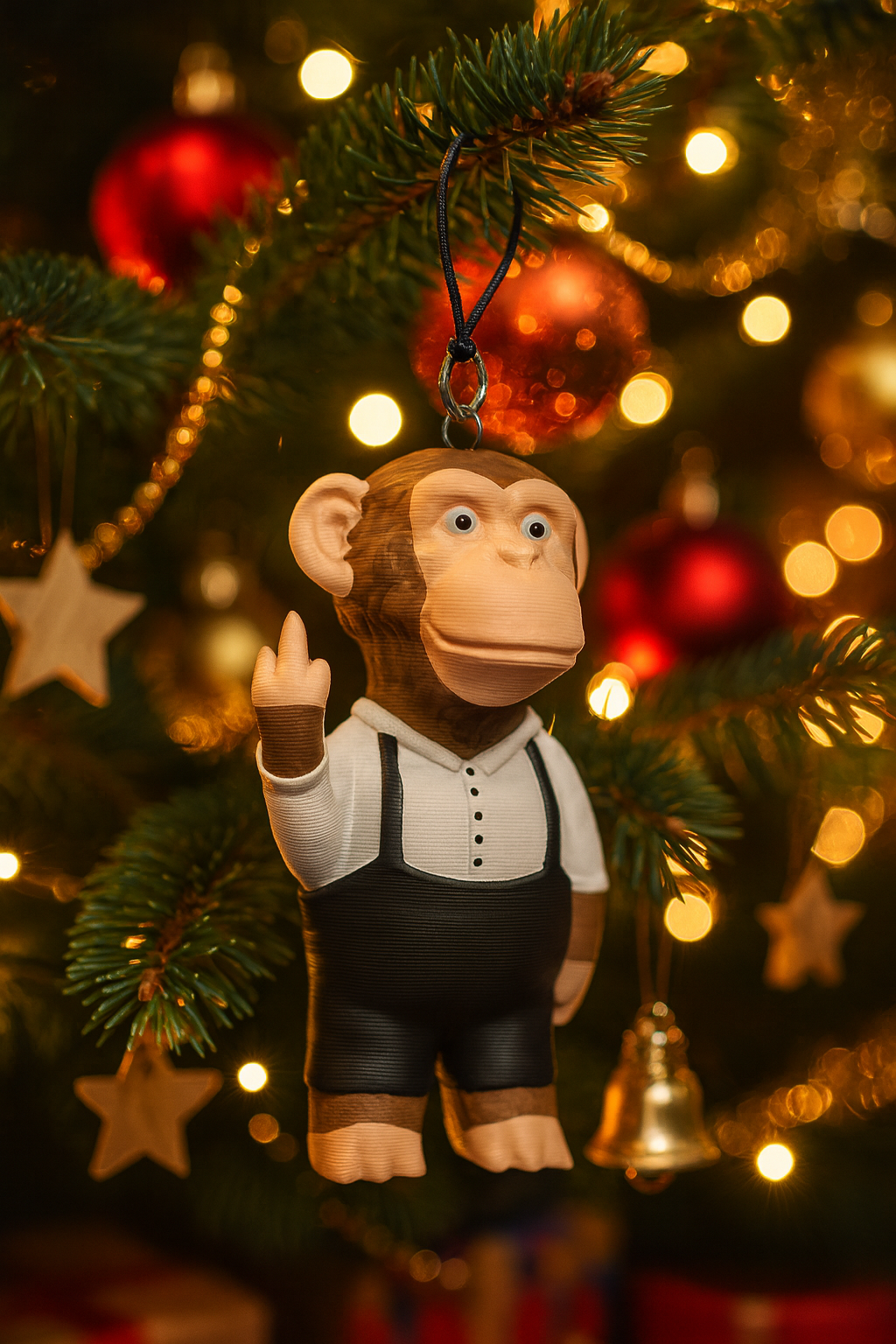 A humorous monkey figurine dressed in a white shirt and black suspenders hangs as an ornament on a Christmas tree. Surrounded by glowing lights, golden stars, red baubles, and festive decorations, the monkey strikes a cheeky pose with a raised hand. The warm holiday ambiance highlights both the playful design of the ornament and the cozy seasonal spirit, making it a standout decorative piece for Christmas celebrations.