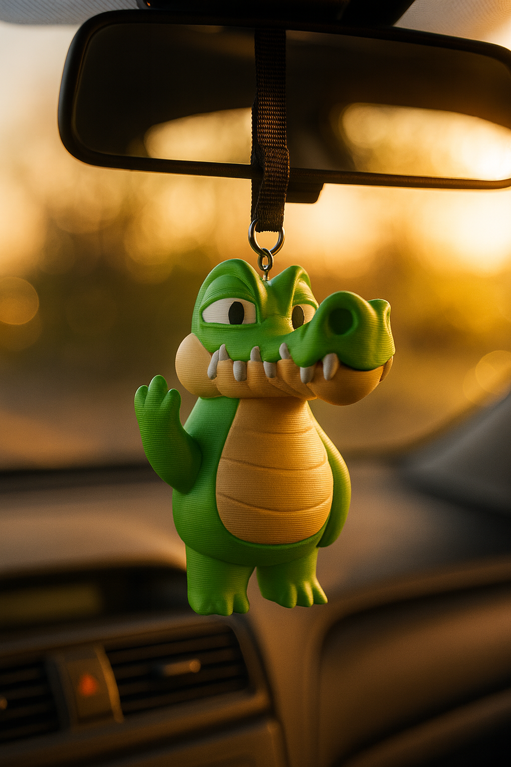 A playful green crocodile figurine with exaggerated cartoon features hangs from a car’s rearview mirror, held by a black strap. The crocodile’s wide snout, big teeth, and humorous hand gesture add a quirky and entertaining touch to the vehicle’s interior. Soft golden sunlight from the sunset creates a warm glow, blurring the background while highlighting the figurine’s details. It serves as a lighthearted decorative accessory for drivers.