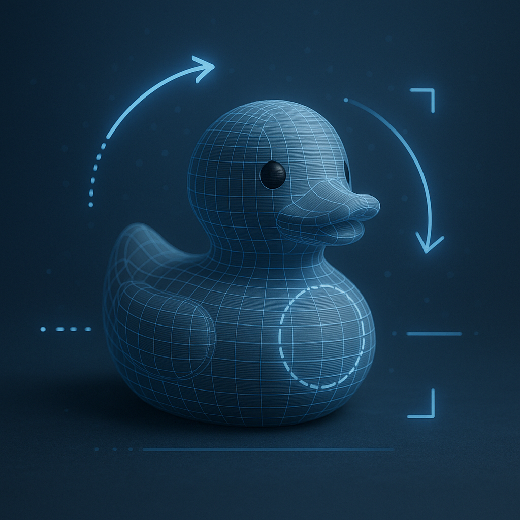 A digital wireframe rendering of a rubber duck is displayed in glowing blue lines against a dark background. The model is shown in three-dimensional form with highlighted curves and details, including small wings and a rounded beak. Arrows and interface graphics suggest motion and rotation, giving the impression of a design being examined in 3D software. The futuristic style highlights the duck’s shape in a technical, high-tech presentation.