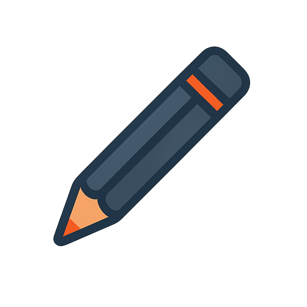 A clean, flat-style pencil icon is illustrated in dark blue with a pointed orange tip and a matching orange accent on the eraser. The simple design conveys themes of writing, editing, drawing, and creativity, making it suitable for use in digital platforms, apps, or branding. Its minimal yet recognizable style ensures clarity and versatility, effectively representing tasks related to notes, design work, or creative expression.