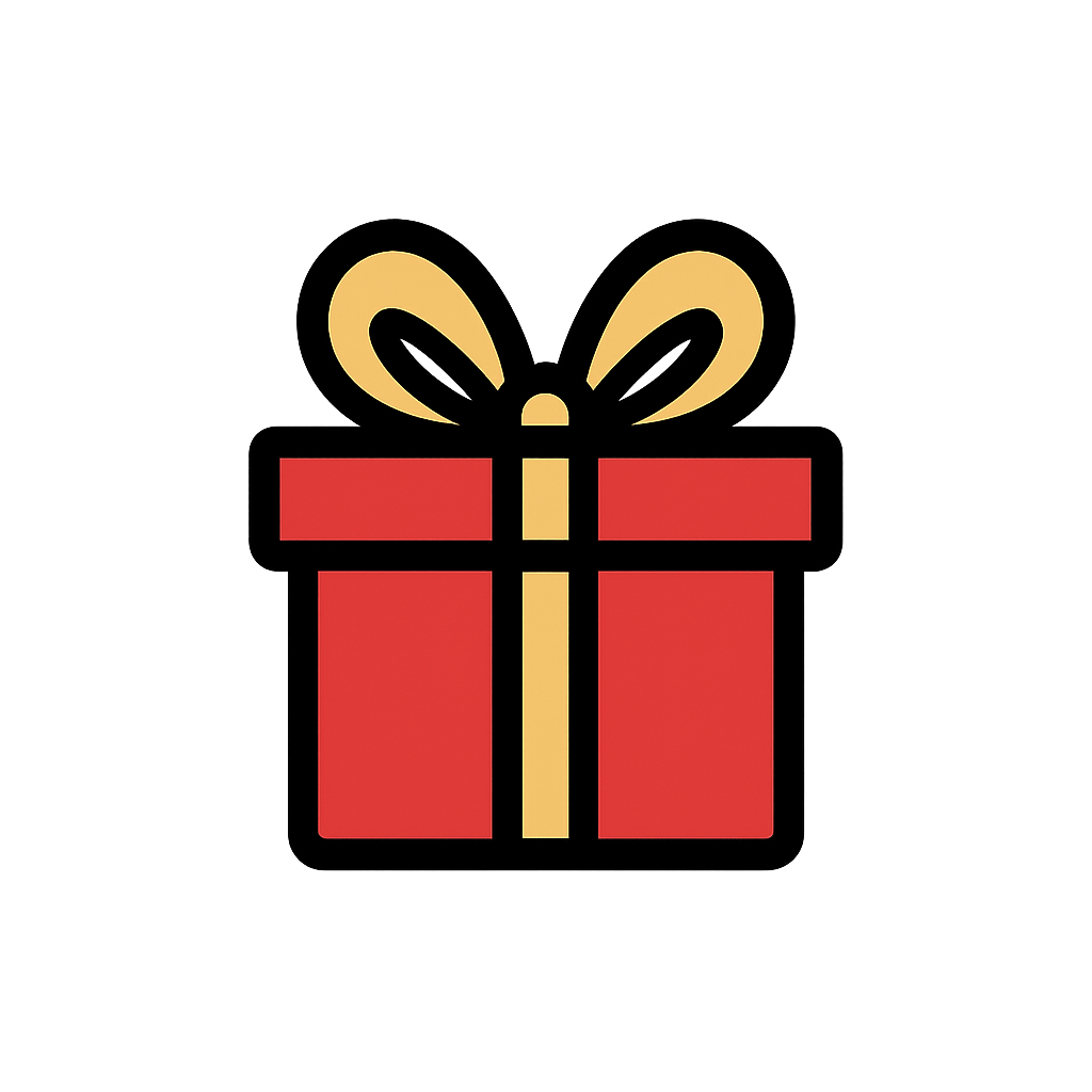 A flat-style red gift box icon is shown with a yellow ribbon wrapped around it and a bow on top. The clean and colorful design represents themes of presents, rewards, and celebrations, making it suitable for birthdays, holidays, promotions, or special occasions. Its simple and recognizable style ensures clarity in apps, websites, and branding, effectively conveying the idea of giving, surprises, and festive moments.