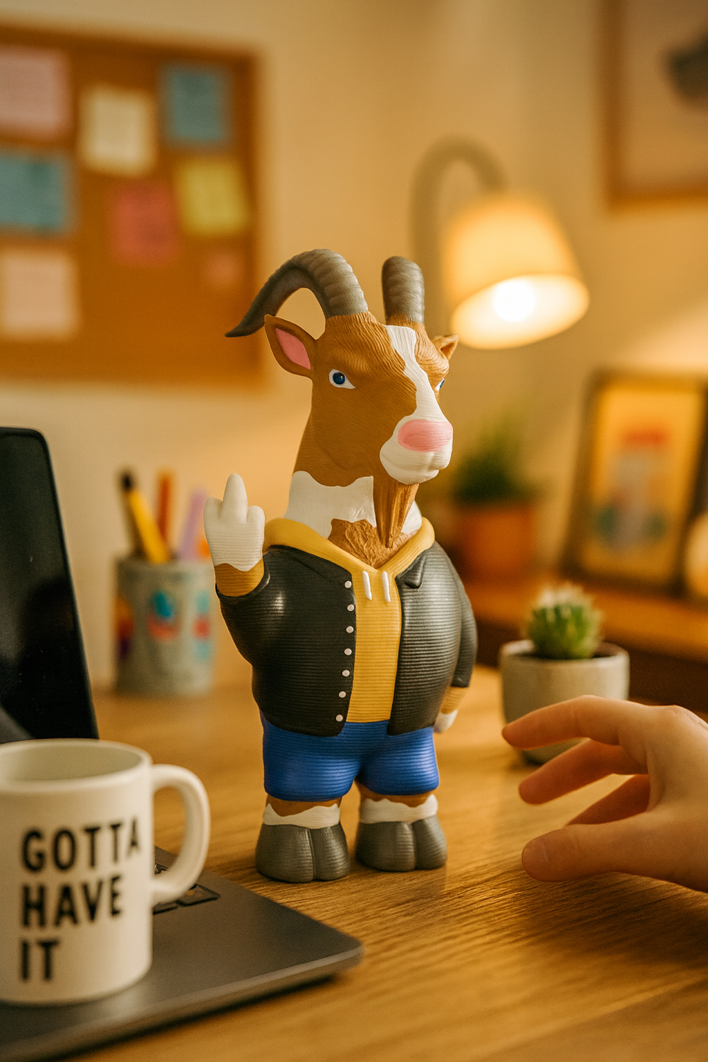A whimsical goat figurine wearing a black jacket and blue shorts stands on a wooden desk, raising its hand in a humorous gesture. The desk features a coffee mug with bold lettering, a laptop, and a small cactus in a pot. In the background, warm lighting, blurred plants, and a corkboard create a cozy home office atmosphere. The playful design of the goat makes it a unique and conversation-starting decorative accent.