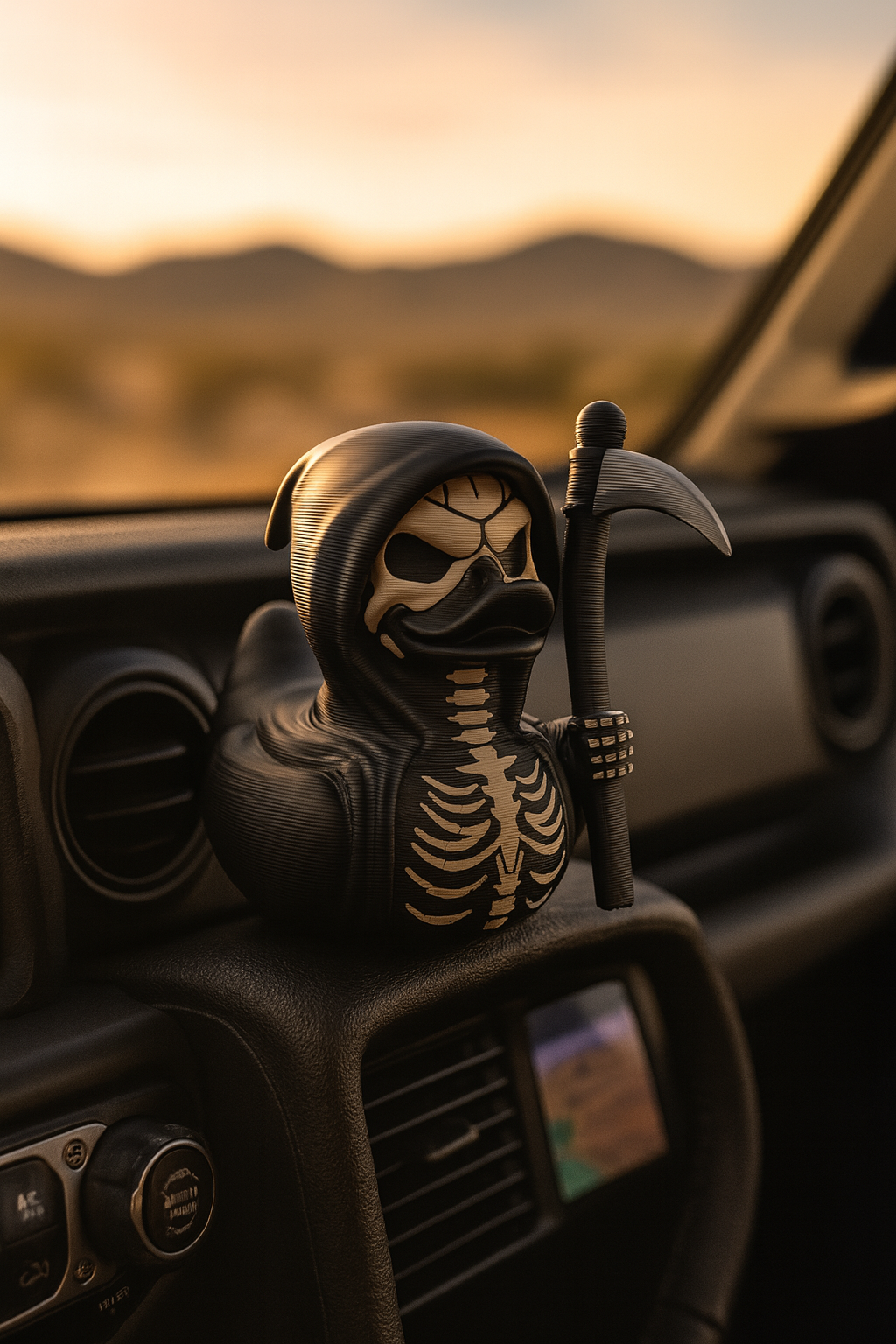 A dark Grim Reaper duck figurine sits firmly on a car dashboard, wearing a black hooded cloak with a skeleton chest design and holding a scythe. The toy’s menacing look is enhanced by sharp detailing, including hollow eyes and defined rib patterns. The blurred desert landscape outside the windshield glows in warm sunset tones, contrasting with the gothic figure and highlighting its unique and playful yet eerie character.