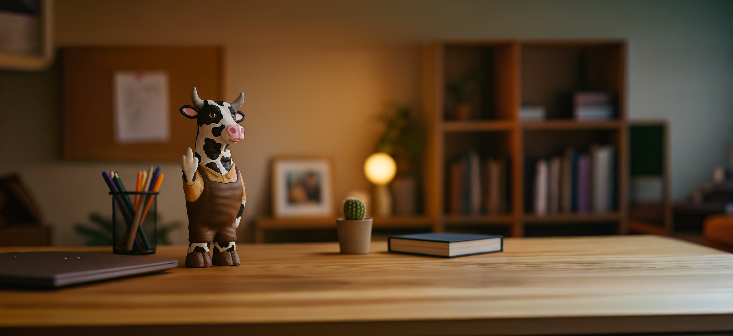 A playful black and white cow figurine dressed in brown overalls stands on a wooden desk, raising its hand in a humorous gesture. The desk is styled with colorful pencils in a holder, a small cactus in a pot, and a closed notebook. In the softly lit background, shelves with books, plants, and a glowing lamp create a warm and inviting atmosphere. This decorative piece adds both humor and personality to the space.