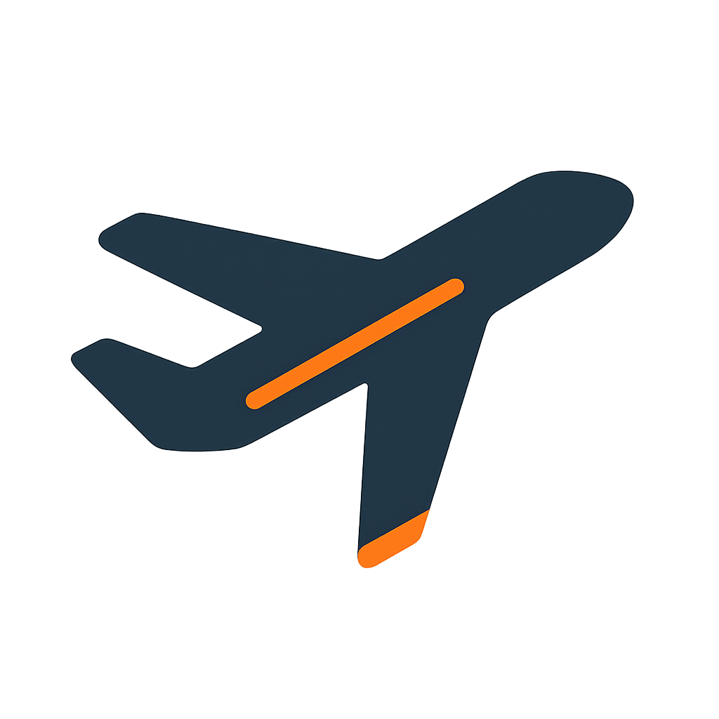 A simple flat-design airplane icon is shown in dark blue with a small orange accent, representing themes of air travel, aviation, and transportation. The minimalist style makes it versatile for use in websites, apps, or booking platforms, where it can function as a navigation element or symbol for flights. Its clean design emphasizes clarity, efficiency, and modern connectivity, making it suitable for digital and branding purposes.