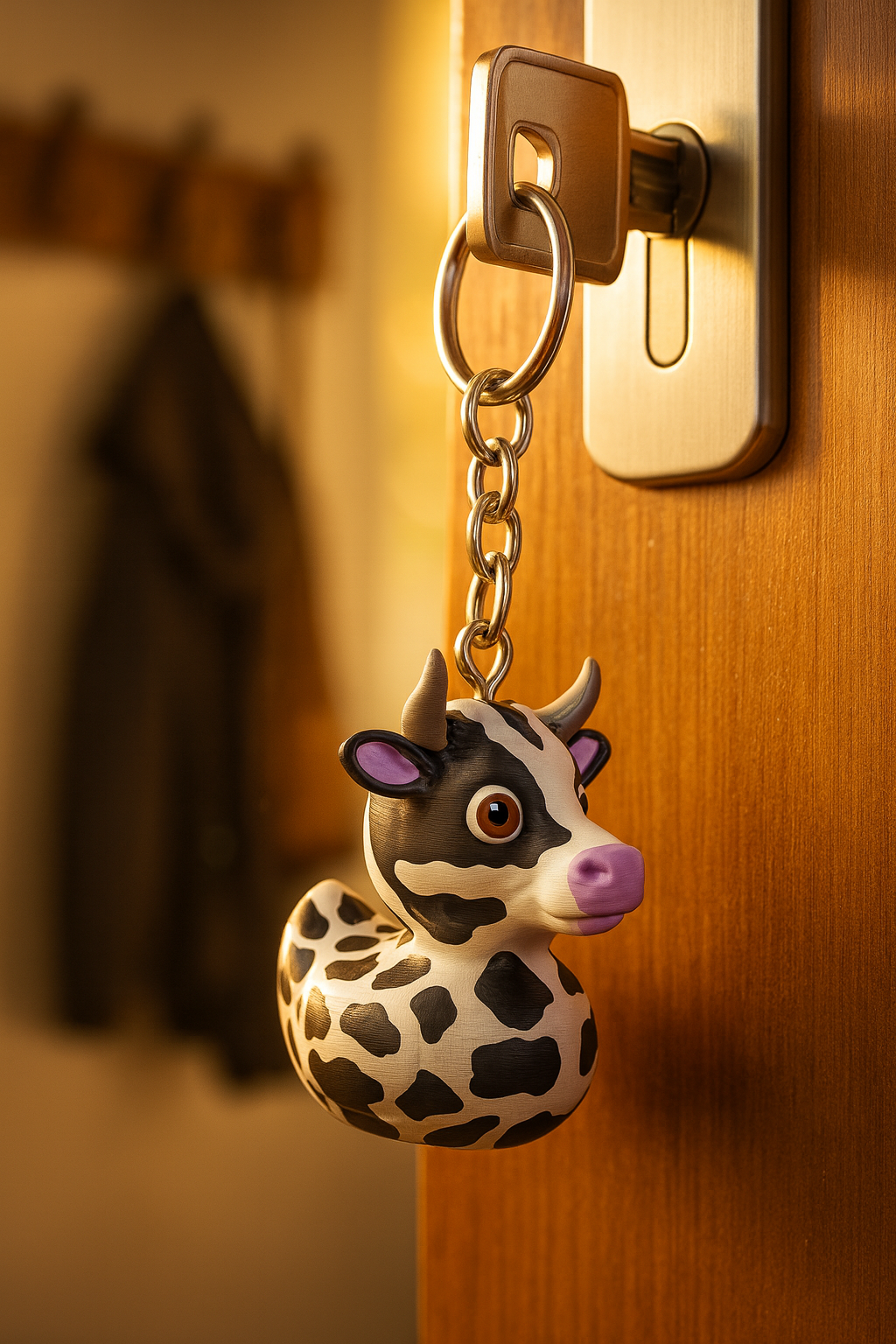A charming cow-shaped keychain with black and white spots hangs from a metal key inserted into a wooden door lock. The figurine features large eyes, small horns, and a pink snout, blending a playful design with everyday functionality. Warm lighting in the background highlights a hallway with hanging coats, creating a cozy home atmosphere. This decorative keychain adds personality while serving as a practical accessory for daily use.