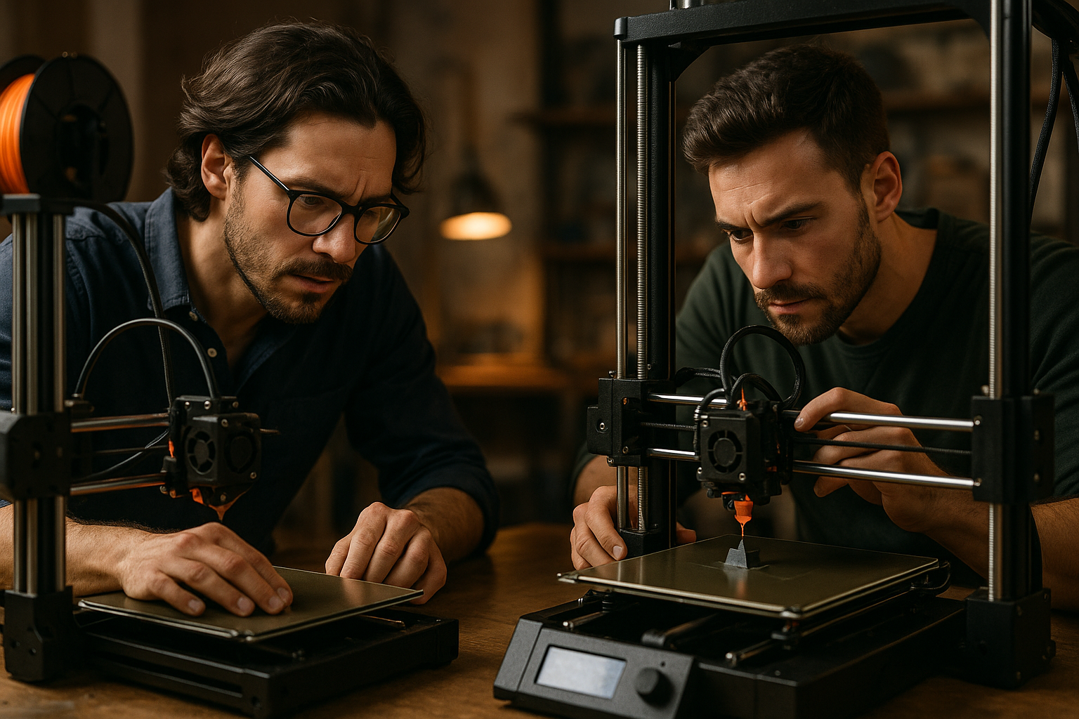Two men are carefully operating 3D printers in a workshop environment. One is adjusting the printer bed while the other monitors the extrusion nozzle as it prints a small object. The workspace has a focused atmosphere, with tools and lighting suggesting a professional or hobbyist setup. Their concentrated expressions emphasize precision and attention to detail in the additive manufacturing process.