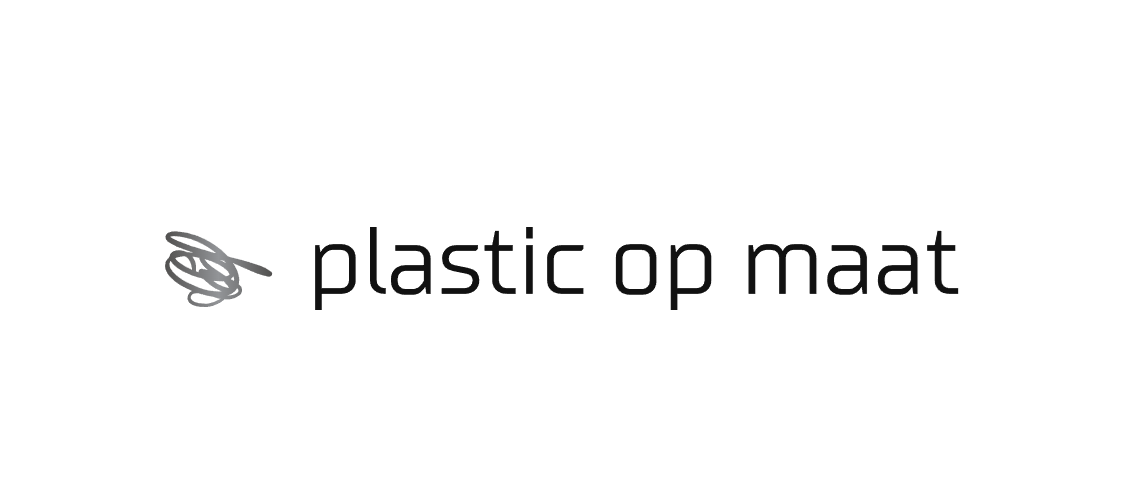 The logo for “Plastic op maat” presents a minimalist and professional design. It features modern sans-serif typography in black, paired with a sleek abstract icon to the left, which suggests movement and precision. The clean white background emphasizes simplicity and clarity, reflecting a brand identity focused on customization, innovation, and tailored plastic solutions for various applications.