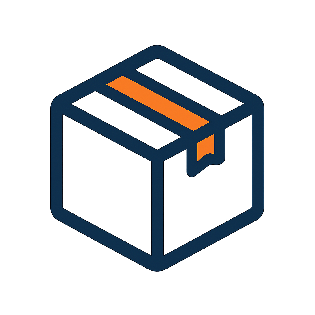 A simple package icon is designed in dark blue with a bold orange stripe of tape sealing the top, representing shipping, delivery, and logistics. The minimalist cube shape makes it easily recognizable for use in apps, websites, or branding related to e-commerce and parcel services. Its clean and modern style emphasizes clarity and reliability, making it an effective visual element for communication about orders, packaging, and transport.