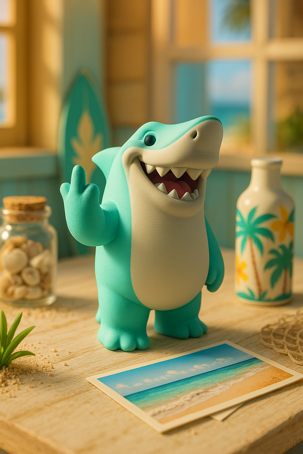 A blue shark figurine with a wide, toothy grin stands on a beach-themed desk, raising its hand in a playful gesture. The scene is styled with seashells in a glass jar, a tropical-patterned bottle, a small plant, and a postcard showing an ocean view. In the background, a surfboard and a glimpse of palm trees enhance the coastal vibe. This decorative piece adds humor and character to a summer-inspired setting.