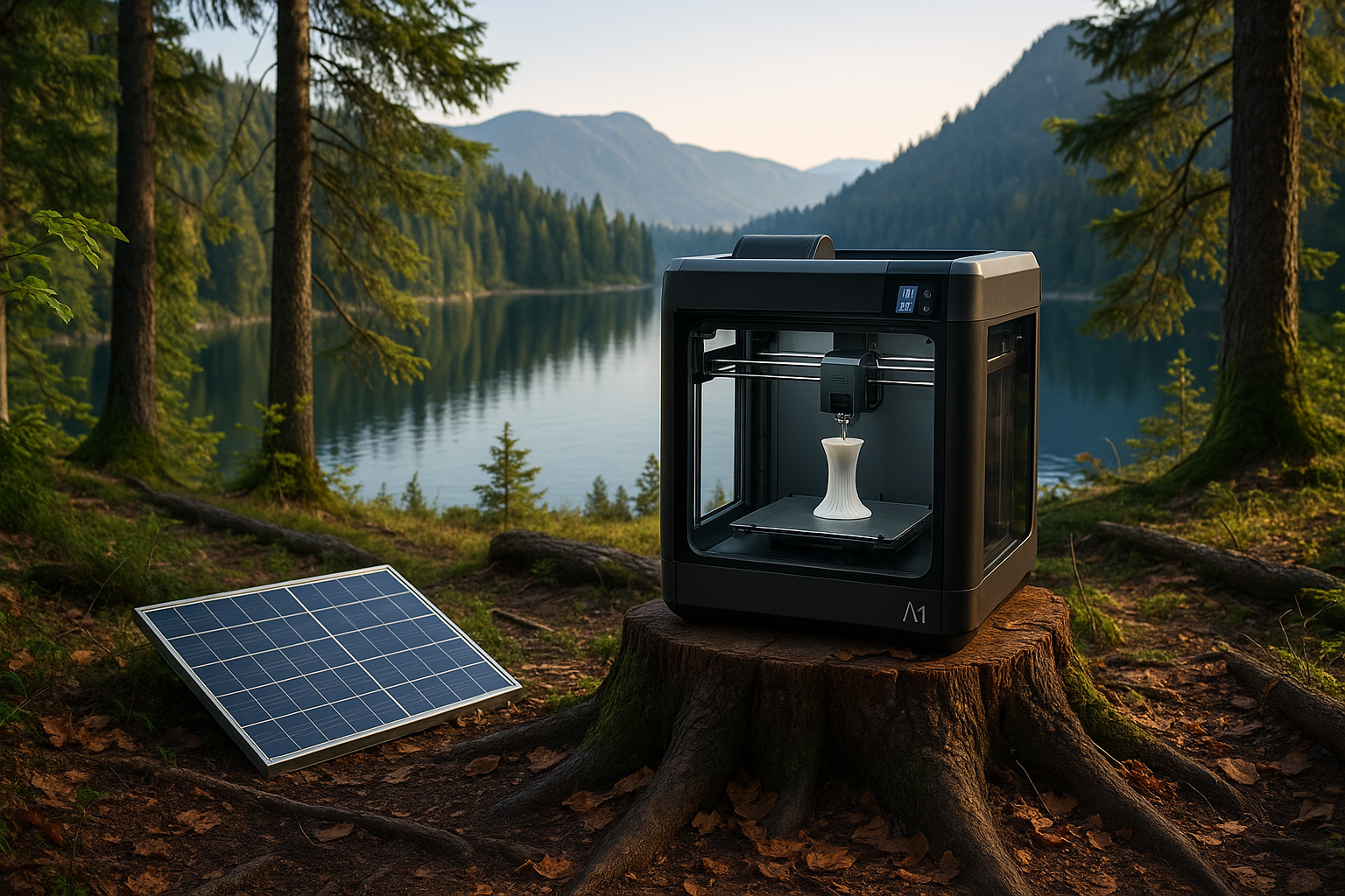 A compact 3D printer sits on a tree stump in a forest clearing, actively printing a white vase. Beside it, a solar panel provides sustainable power, emphasizing portability and eco-friendly technology. The background reveals a tranquil mountain lake surrounded by evergreen trees and distant peaks, bathed in natural light. This setup highlights innovation, blending advanced manufacturing with an outdoor, off-grid environment.