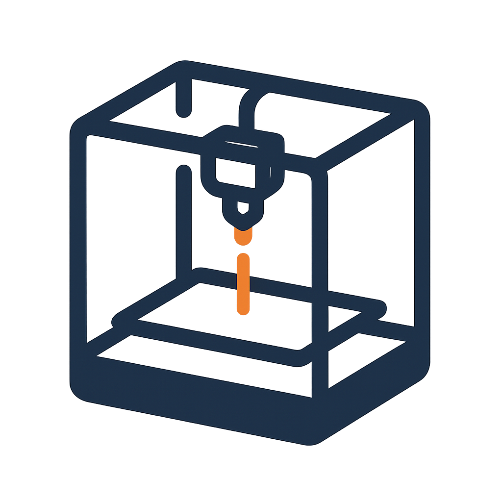 A clean, minimalist icon illustrates a 3D printer in dark blue with a small orange highlight, showing a nozzle printing a layered object inside a cube-shaped frame. The design symbolizes additive manufacturing, rapid prototyping, and modern technology. Its simple yet recognizable style makes it suitable for websites, apps, or branding where clarity and association with 3D printing and innovation are essential.