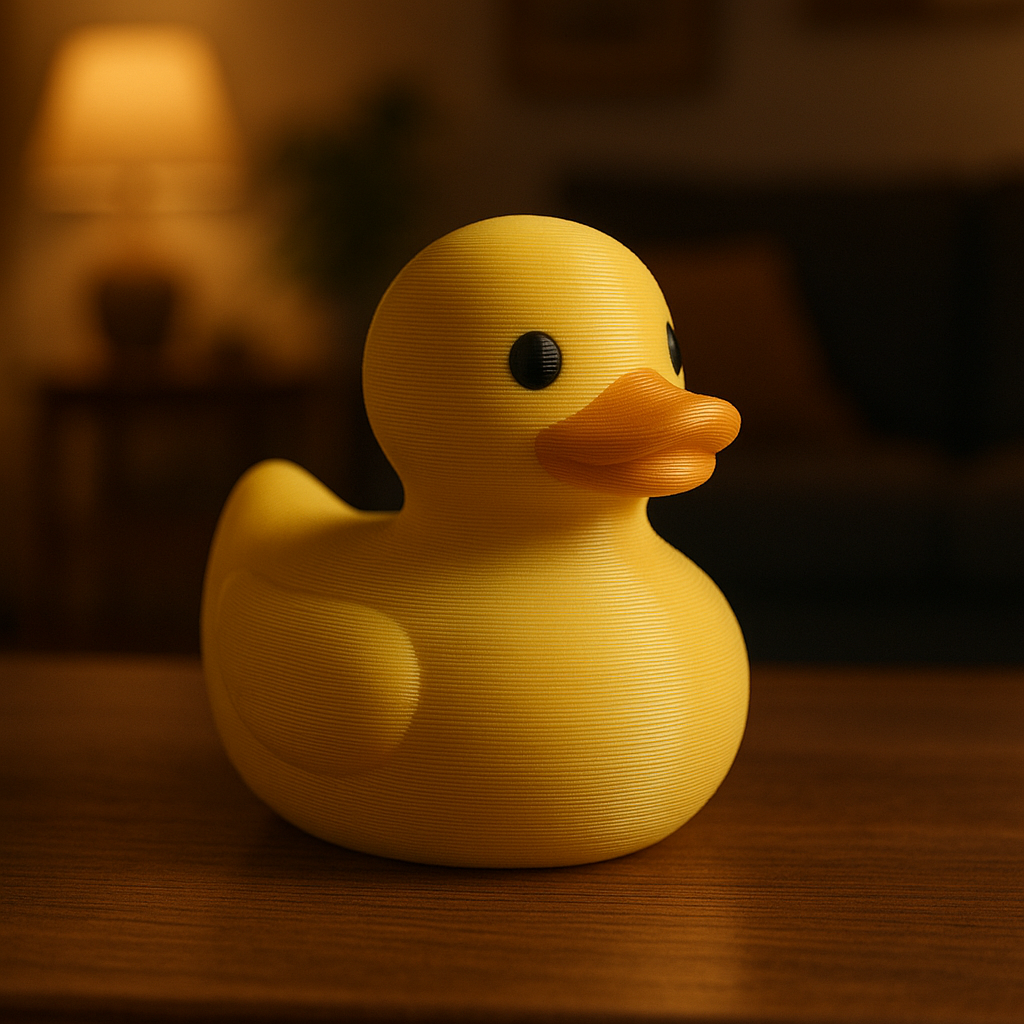A classic yellow rubber duck figurine sits on a wooden table in a warmly lit living room. The duck features a smooth, rounded body with small wings, a bright orange beak, and shiny black eyes. Subtle horizontal print lines are visible across the surface, suggesting a 3D-printed design. The background includes a softly glowing lamp and blurred home decor, creating a cozy atmosphere that highlights the duck’s playful character.