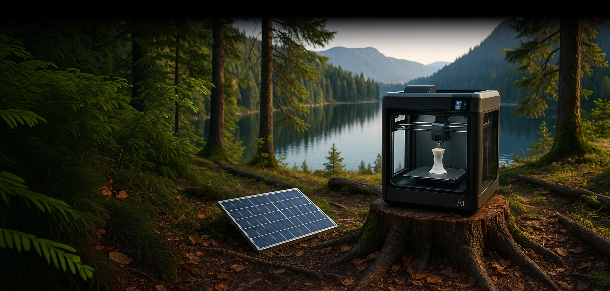 A compact 3D printer sits on a tree stump in a forest clearing, actively printing a white vase. Beside it, a solar panel provides sustainable power, emphasizing portability and eco-friendly technology. The background reveals a tranquil mountain lake surrounded by evergreen trees and distant peaks, bathed in natural light. This setup highlights innovation, blending advanced manufacturing with an outdoor, off-grid environment.
