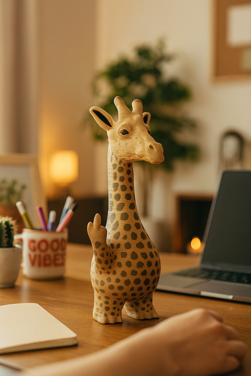 A tall giraffe figurine with a spotted pattern stands upright on a wooden desk, raising one hand in a playful gesture. The desk holds a laptop, a white mug with red “Good Vibes” text, colorful pencils in a holder, and a small cactus plant. Warm lighting and blurred greenery in the background create a cozy home office feel. The figurine’s humorous pose makes it a fun and standout decorative piece for any workspace.