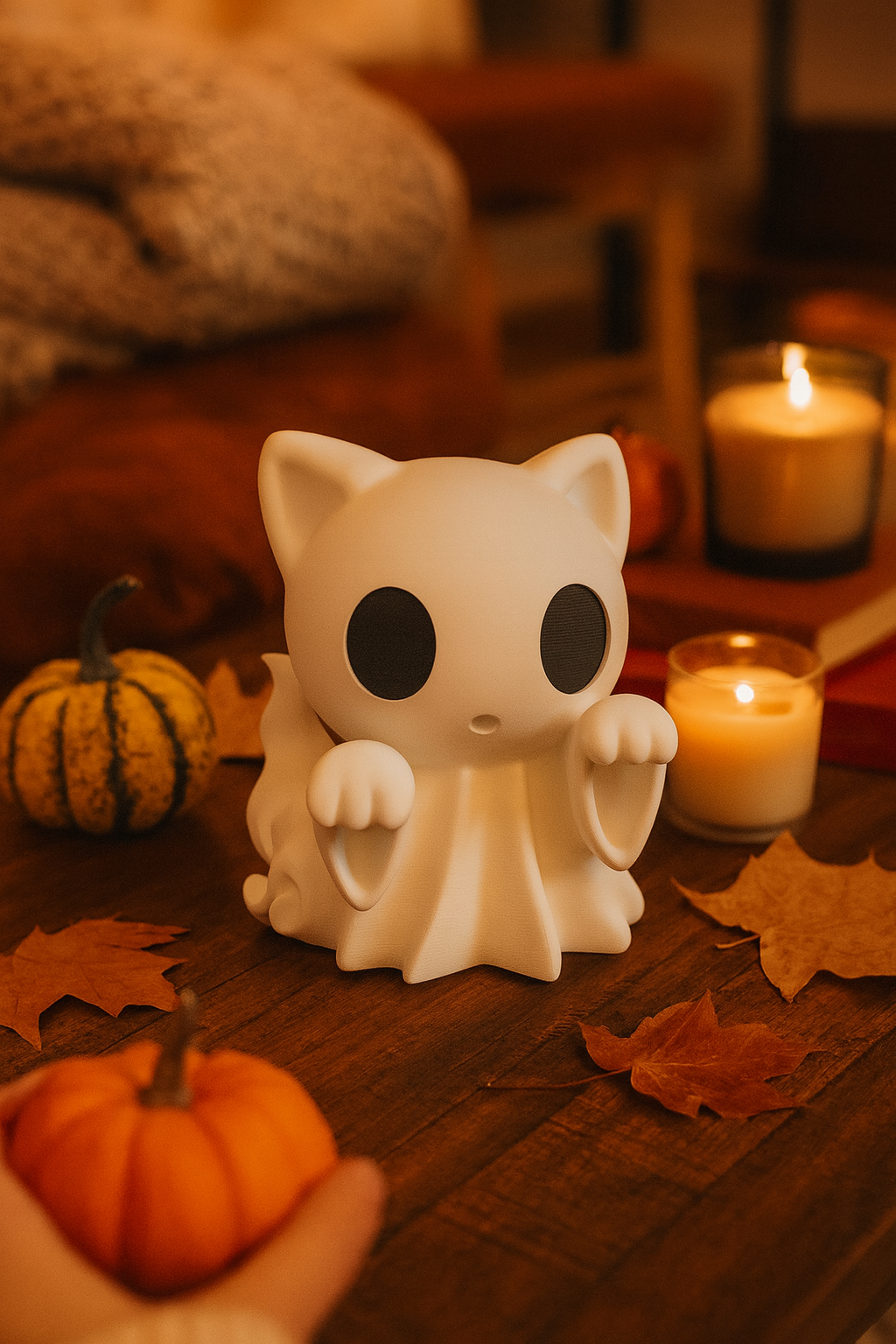 A charming white ghost cat figurine with oversized black eyes sits on a rustic wooden table, styled for a warm autumn setting. Around it lie small pumpkins, scattered fall leaves, and softly glowing candles, creating a cozy seasonal mood. A hand reaches in holding a tiny pumpkin, adding a personal touch. This decorative piece blends playfulness with a festive Halloween-inspired atmosphere.