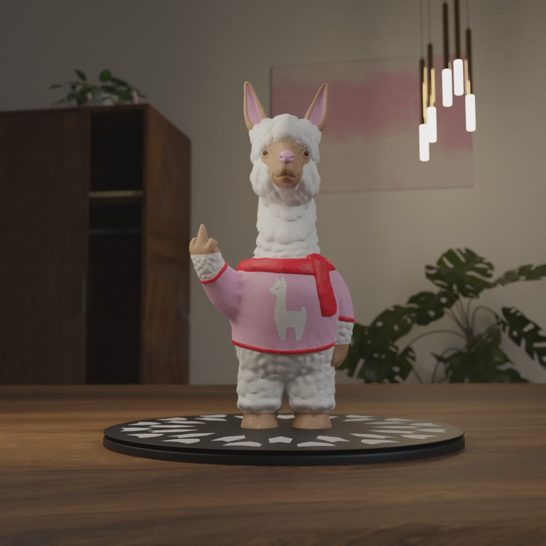 Small alpaca figurine displayed on a shelf, cute miniature farm animal decoration and funny alpaca gift for home interior display