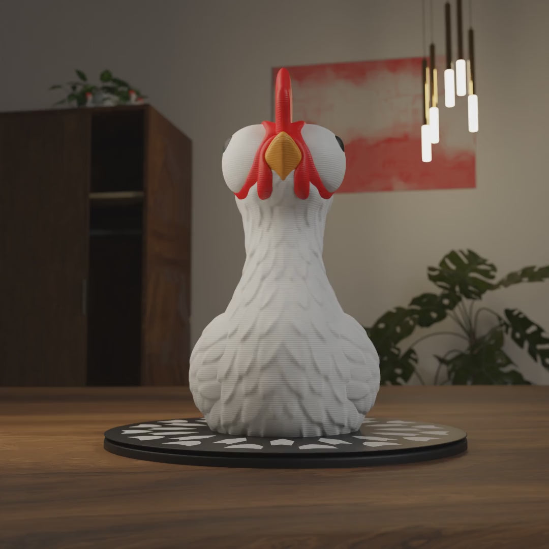 Small sitting chicken figurine displayed on a shelf, cute miniature farm animal decoration and funny chicken gift for home interior display