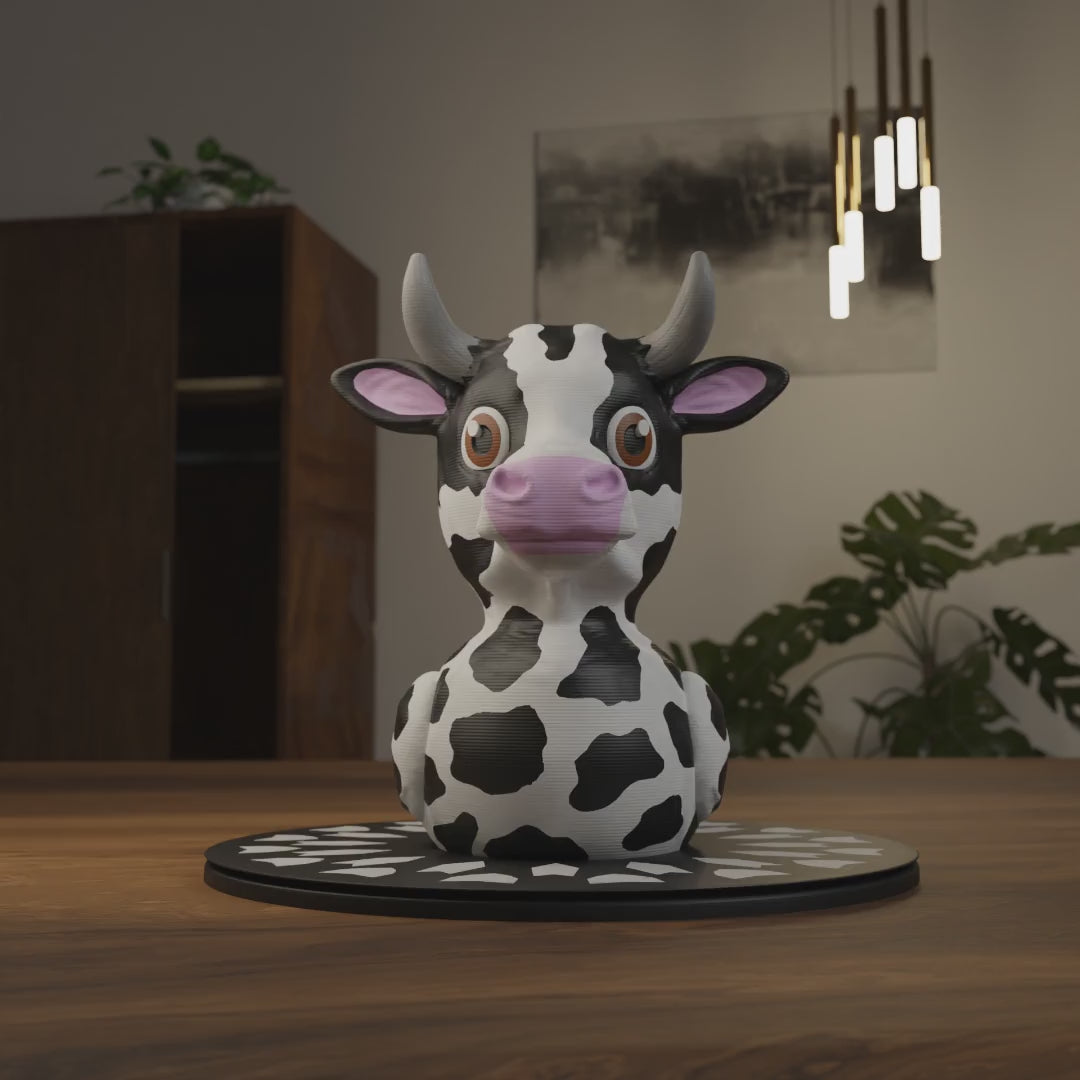 Small Cow Duck figurine displayed on a shelf, cute farm animal-themed miniature decoration and funny Cow Duck gift for home interior display